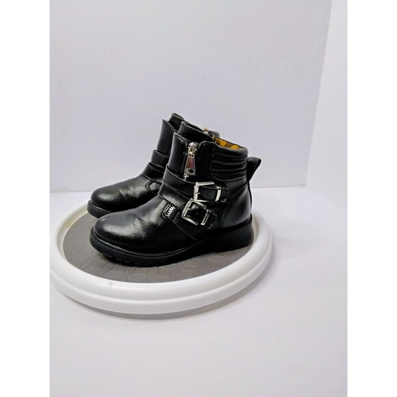 Black Faux Leather Ankle Boots With Double Buckle & Side Zipper Design Size 12 R - Picture 7 of 7